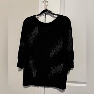 Embellished Black Feather Motif Pullover Sweater.  Lightweight.